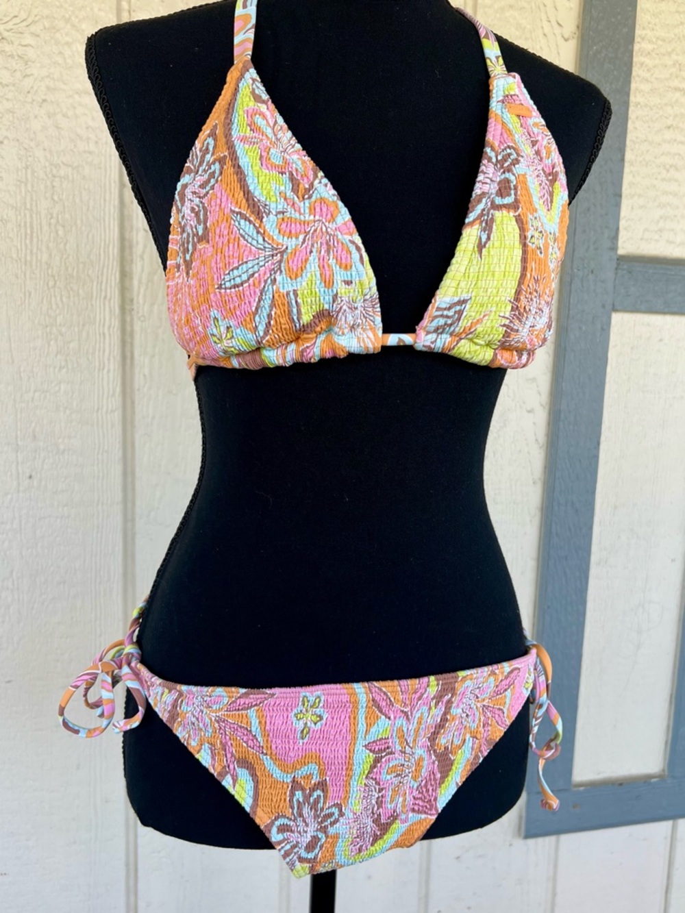 Roxy Bikini Set XL Smocked Textured Floral Tie Side Swimwear